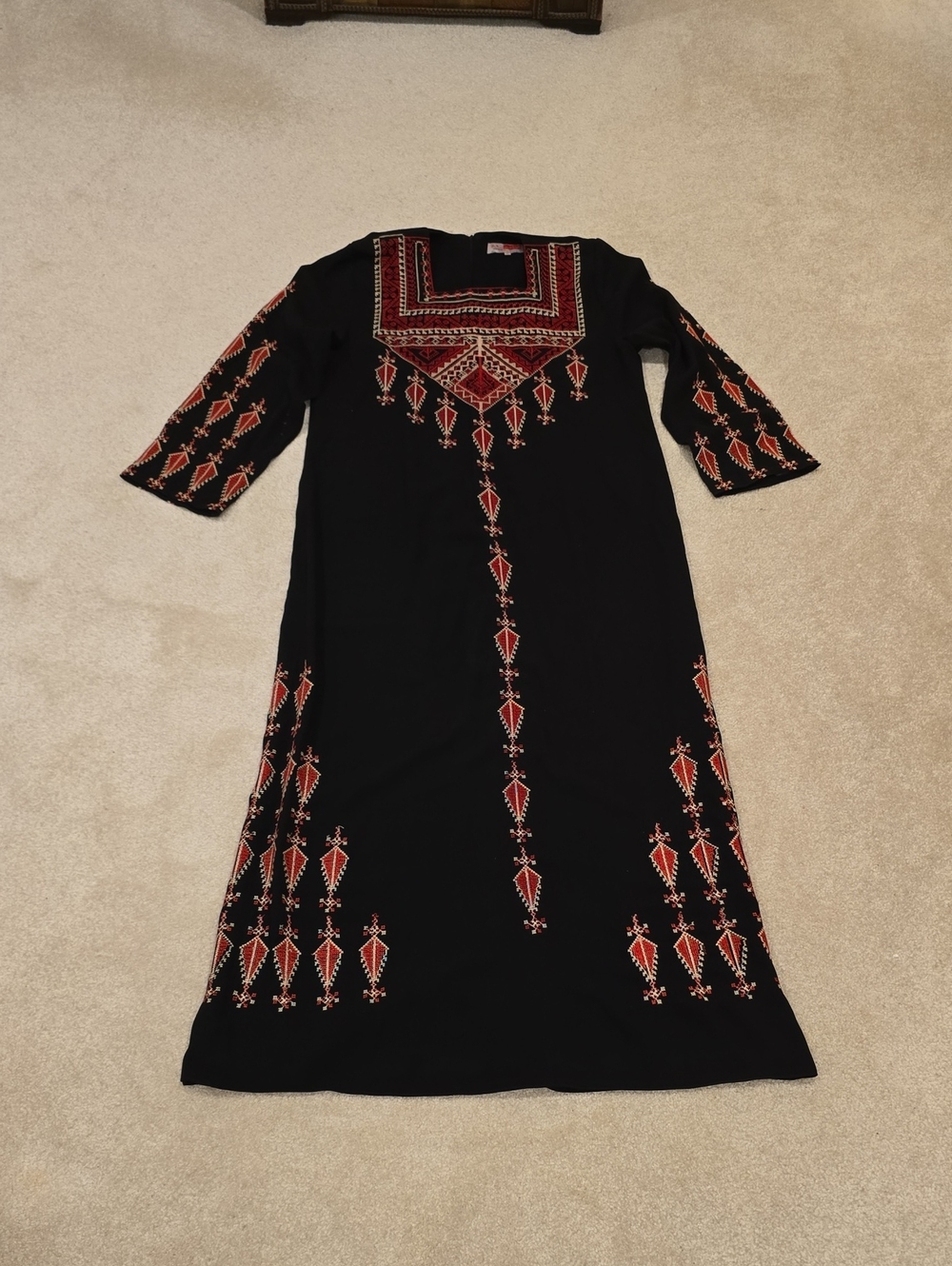 Black Maxi Dress/Abaya with Red Cross Embroidered Accents